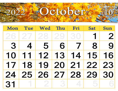 october 2022 calendar for organizer to plan and reminder on nature background. calendar for october 2022 with image of yellow leaves on maple tree in forest. calendar. Home planner