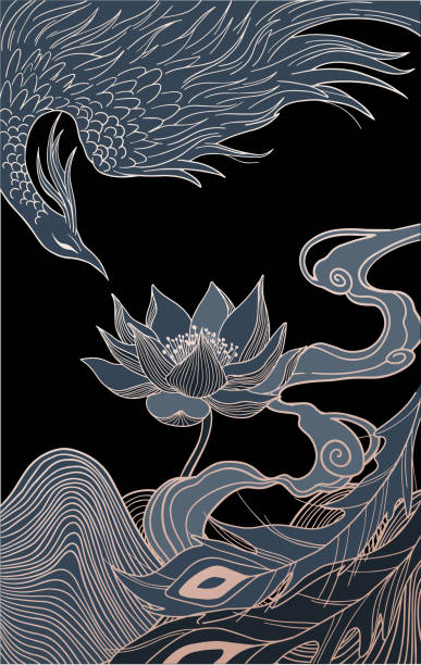 피닉스 풍황과 연꽃 - china phoenix vector chinese culture stock illustrations