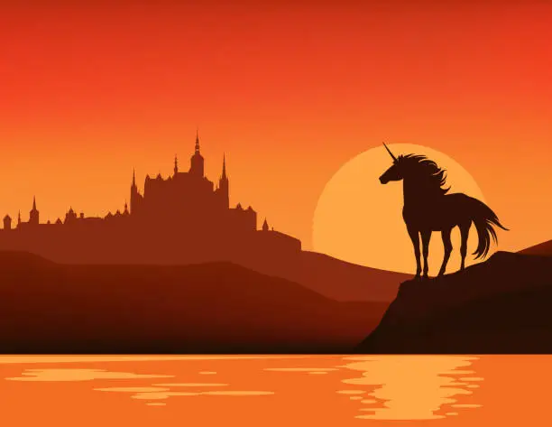 Vector illustration of vector sunset scene background with fairy tale castle, lake shore and magic unicorn horse