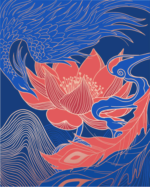 신화 조류 피닉스 풍황과 연꽃 - china phoenix vector chinese culture stock illustrations