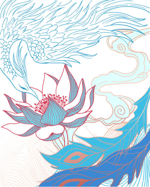 새 불사조 풍황과 연꽃 - china phoenix vector chinese culture stock illustrations