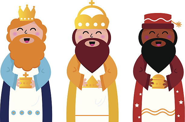 Three wise men bringing gifts to Christ, isolated on white vector art illustration