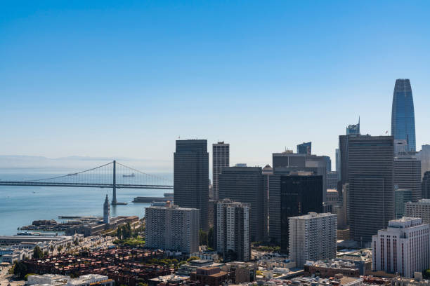 istock Panoramic view of San Francisco cityscape at clear blue summer daytime from Coit Tower, Financial District and residential neighborhoods, California, United States. 1363634422