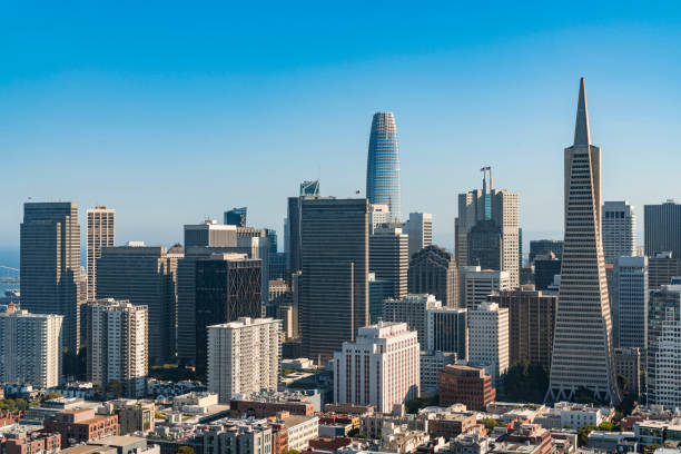 istock Panoramic view of San Francisco skyline at clear blue summer daytime from Coit Tower, Financial District and residential neighborhoods, California, United States. 1363634460