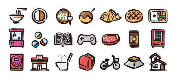 Japanese modern culture icon set for graphic (Hand draw color version) This is a set of Japanese modern culture icons. This is a set of simple icons that can be used for website decorations, user interfaces, advertising works, and other digital illustrations. pachinko machine stock illustrations