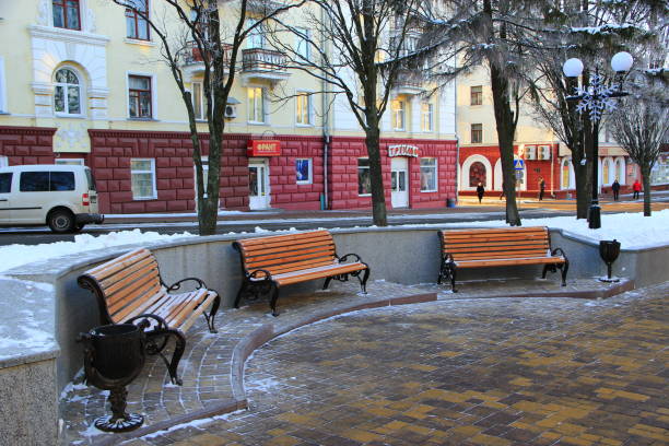 公園内の3つのベンチ。市立公園の雪に覆われたベンチと木々 - 16025 ストックフォトと画像
