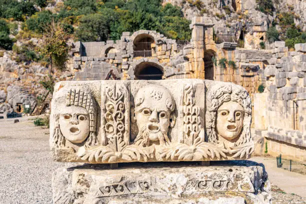carved stone faces - antique theater masks - in the ruins of the ancient city of Myra, Turkey