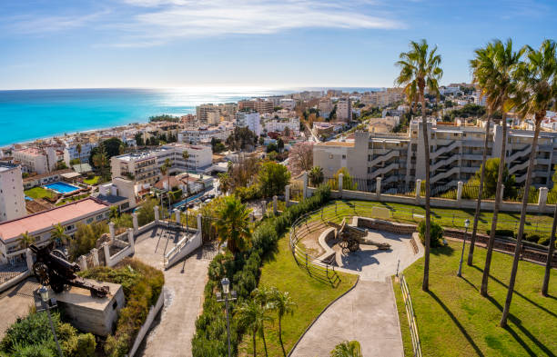 Torremolinos skyline aerial view in Costa del Sol of Malaga And Torremolinos skyline aerial view in Costa del Sol of Malaga in Andalusia Spain torremolinos beach stock pictures, royalty-free photos & images