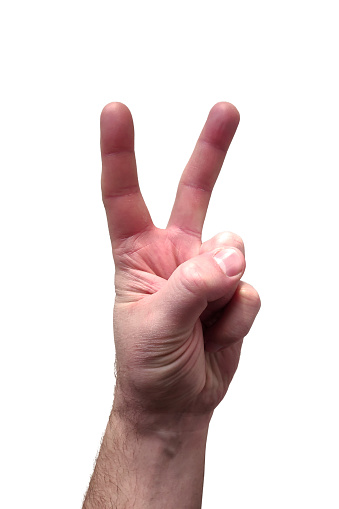 Caucasian male hand showing peace sign / number two on white background