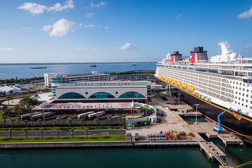 Port Canaveral, Florida - January 2, 2022: The Disney Fantasy cruise ship docked in Port Canaveral, one hour before its departure.