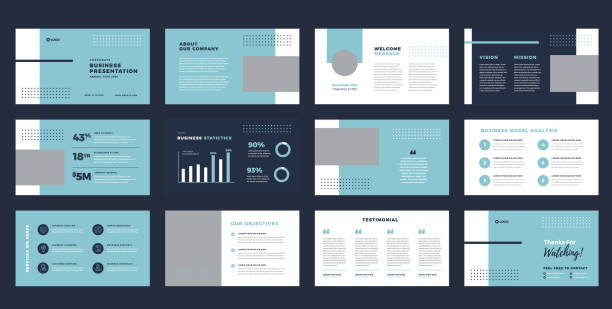 business presentation brochure guide design oder pitch deck slide template oder sales guide slider - presentation stock-grafiken, -clipart, -cartoons und -symbole