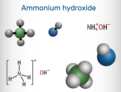 Ammonium hydroxide, ammonia solution, NH4OH molecule. Structural chemical formula and molecule model. Vector illustration