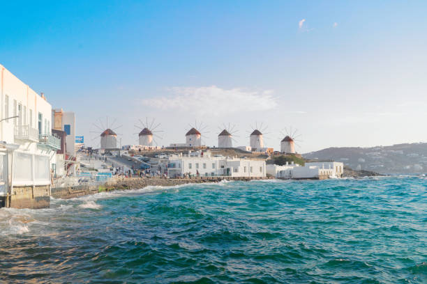 famous windmills of Mykonos island over seascape, Mykonos island, Greece