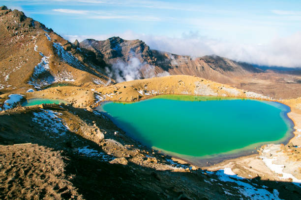 에메랄드 호수 닫기, 세계 유산 통가리로 국립 공원의 높은 크기에 독특한 화산 지형 푸른 호수 - tongariro crossing 뉴스 사진 이미지