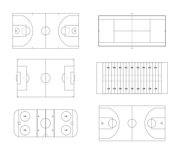 ilustraciones, imágenes clip art, dibujos animados e iconos de stock de esquema de campos deportivos y canchas de baloncesto tenis fútbol fútbol hockey sobre hielo. - soccer field soccer corner stadium