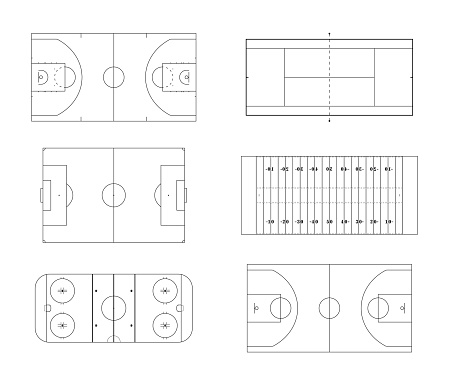 Outline sports fields and courts basketball tennis football soccer ice hockey. Vector illustration.