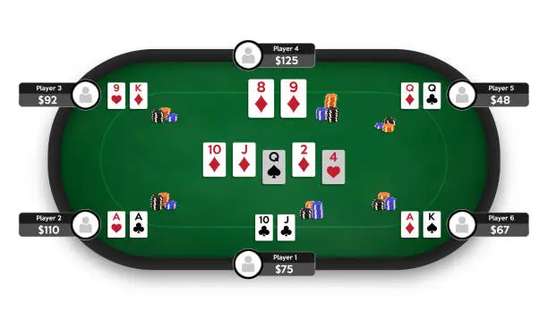 Vector illustration of Poker table. Online poker room. Texas Hold'em game illustration. Online game concept.