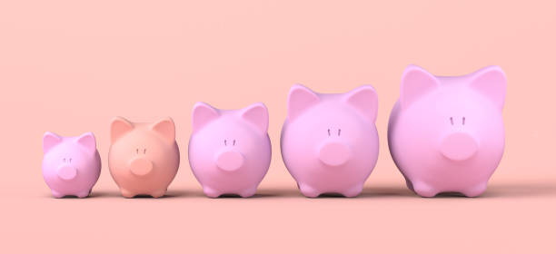 istock Piggy banks lined up bigger and bigger. Copy space. 3D illustration. 1363652952