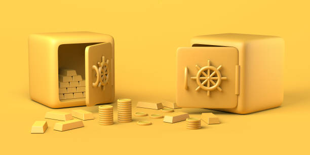 istock Open safety box with gold bars. Copy space. 3D illustration. 1363653601