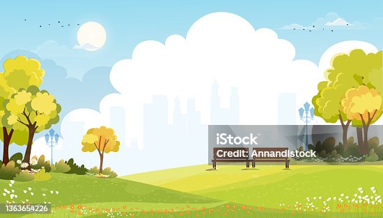istock Spring landscape at city park in the morning, Natural public park with flowers blooming in the garden, Peaceful scene of green fields with blurry cityscape building, cloudy and sun on summer 1363654226
