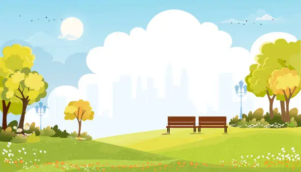 Vector illustration of Spring landscape at city park in the morning, Natural public park with flowers blooming in the garden, Peaceful scene of green fields with blurry cityscape building, cloudy and sun on summer