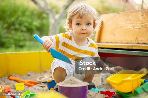 istock A little boy playing in the sandbox at the playground outdoors. Toddler playing with sand molds and making mudpies. Outdoor creative activities for kids 1363654464