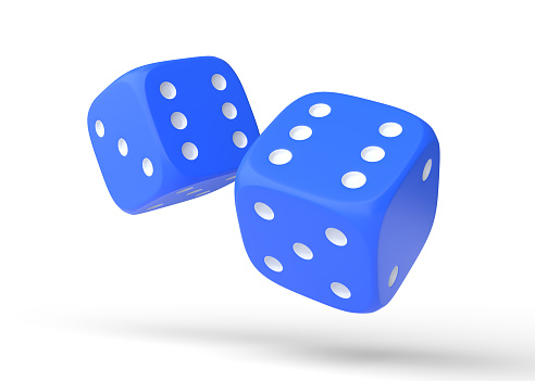 Two blue rolling gambling dice in Flight on a white background. Lucky dice. Board games. Money bets. 3d rendering illustration