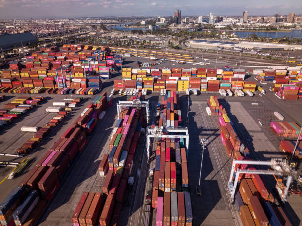 istock Aerial View Across Intermodal Container Yard in Port of Long Beach 1363659392