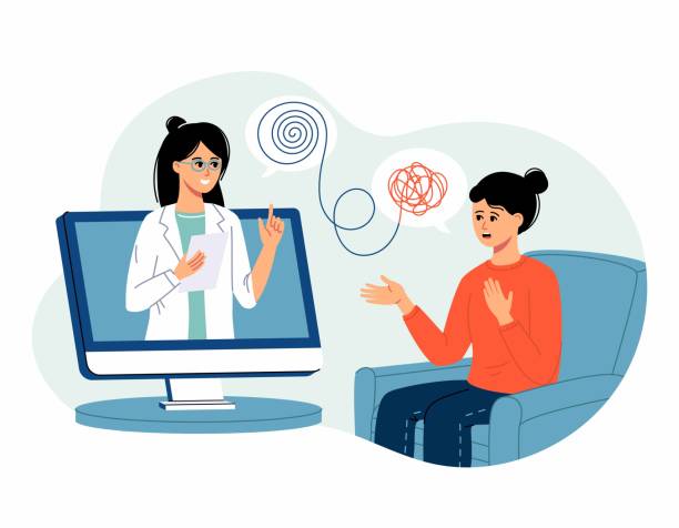 illustrazioni stock, clip art, cartoni animati e icone di tendenza di psicologo medico consultazione online. pratica di psicoterapia, aiuto psicologico, psichiatra che consulta il paziente. - therapy