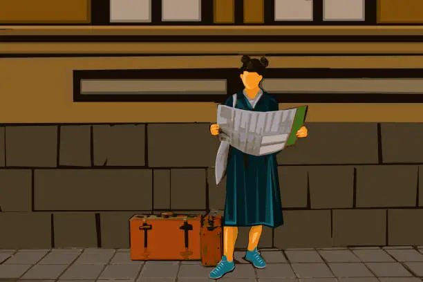 Vector illustration of Curious female solo traveler, looking at the city map