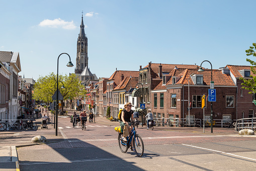 Delft, The Netherlands, June 7, 2021; View of the old city of Delft with the church in the background in the Netherlands.