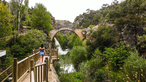 vista aérea del puente histórico y la cascada, el cañón y el agua que fluye desde el puente, el puente con hermosa vista en el bosque, la vista de la cascada con el puente, el puente frigio, la mujer observando la vista, la mujer observando la cascada - europe high angle view waterfall water fotografías e imágenes de stock