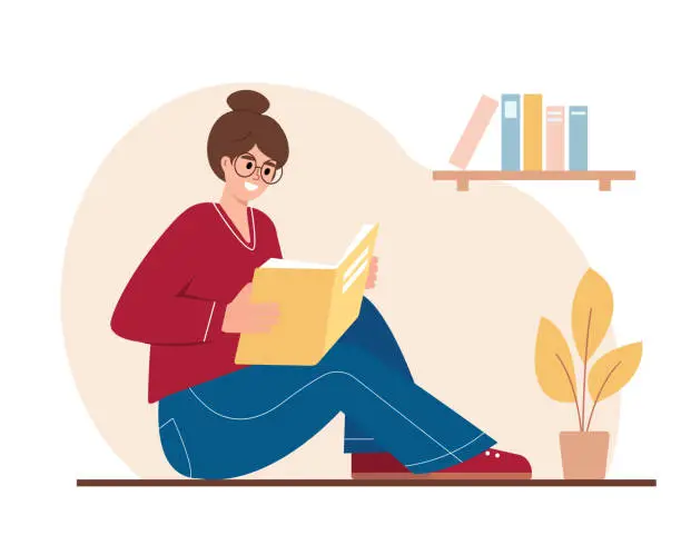 Vector illustration of Woman reading paper book. Student girl with books.