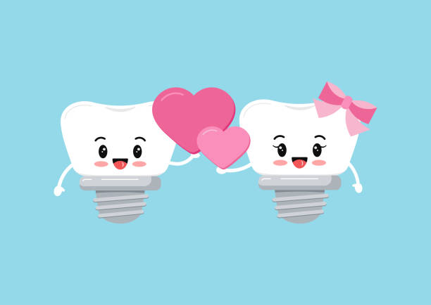 Tooth dental implant couple in love with hearts. Tooth dental implant couple in love with hearts. Happy Valentines Day teeth holds pink heart for dentist greeting card. Flat design cartoon funny dent surgery character vector illustration. cute cartoon dental implants stock illustrations