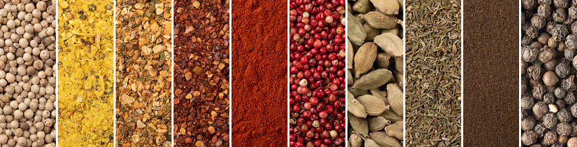 Collage of assorted seasonings and spices. Assorted seasonings and spices in panoramic format.