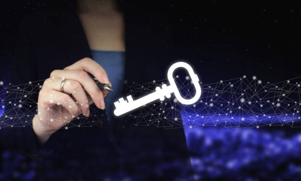 istock Key Keyword Icon Business Internet Technology Concept. Hand holding digital graphic pen and drawing digital hologram key sign on city dark blurred background. Cyber security network. 1363667944