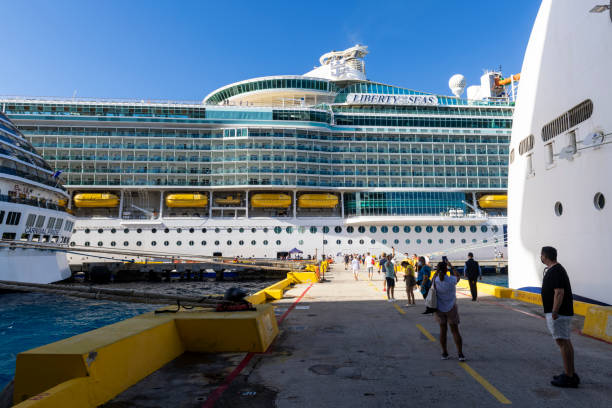 Miami, Florida, USA - February 03, 2025: Ship departing from port. Independence of seas cruise ship voyage. Cruise in summer vacation. Royal Caribbean international. Cruise ship tour travel at sea.