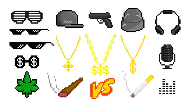 ilustrações de stock, clip art, desenhos animados e ícones de rapper trending pixel things set - gangsta rap