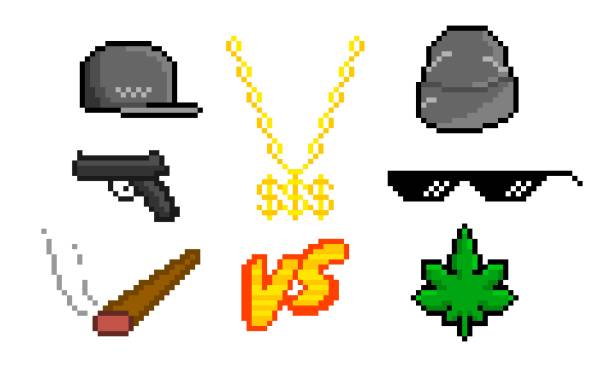 Cool pixel stuff of rapper Cool pixel stuff of rapper. Hip hop baseball caps with gold chains with dollar sign and gun. Fashionable sunglasses and smoking jambs vc rap battle symbol black vector art. gangster rap stock illustrations