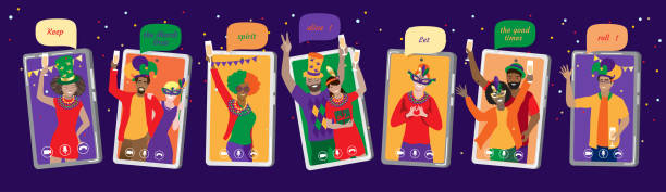 Mardi Gras holiday online party friends at phone screens vector art illustration