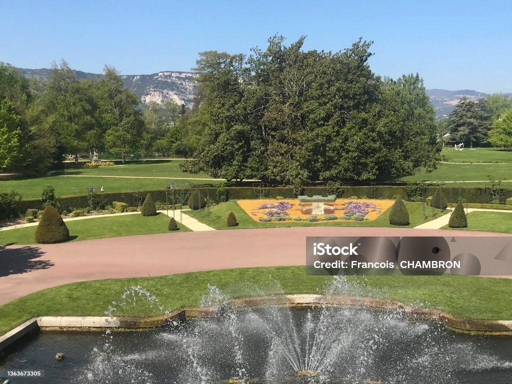 Parc Jouvet Valence France with its beautiful fountains and yards Parc Jouvet Valence France with its beautiful fountains and yards located near Champs de Mars in Drôme and the Rhône river. Blossom Stock Photo