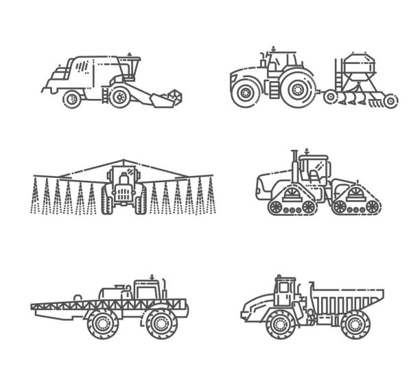 Agricultural machines. Industrial machinery icons Agriculture machines tractors combine and equipment. insecticide stock illustrations