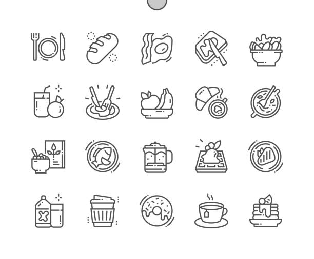 브런치. 달걀과 베이컨. 크루아상과 커피. 스테이크, 오트밀, 샐러드 및 기타. 레스토랑과 카페 메뉴. 픽셀 완벽한 벡터 얇은 선 아이콘. 간단한 최소 그림 - food staple stock illustrations
