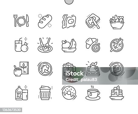 istock Brunch. Egg and bacon. Coffee with croissant. Steak, oatmeal, salad and other. Menu for restaurant and cafe. Pixel Perfect Vector Thin Line Icons. Simple Minimal Pictogram 1363673530