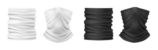 Face buff and bandana masks black and white. Realistic neck wear warming cloth for male and female vector art illustration