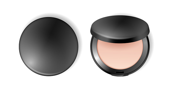 Face compact makeup powder face highlighter. Realistic cosmetic powder in black round plastic case open and closed isolated on white background. 3d vector illustration