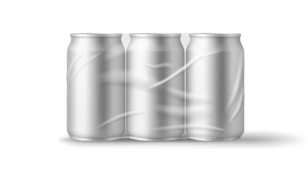 istock Realistic beer pack template tin cans mockup in plastic wrap, six soda metal jars, side view 1363676194
