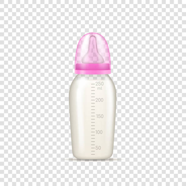 istock Realistic baby milk bottle for feeding a newborn with pacifier nipples and measurement scale volume 1363676200