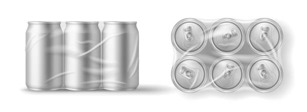 플라스틱 랩, 6 개의 소다, 맥주 금속 항아리 전면 및 상단 보기의 주석 캔. 사실적인 실린더 캐니스터 - beer can number 6 packing stock illustrations