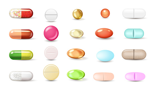 Pills and capsules realistic set. Tablets, vitamins and food supplement isolated on white background. Medicament, treatment, medication and pharmacology concept. 3d vector illustration
